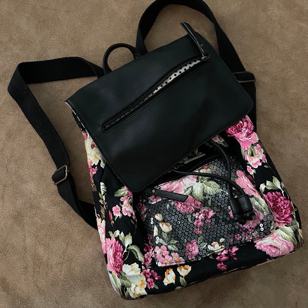 Madden Girl Black Floral Backpack with Polka Dot Interior